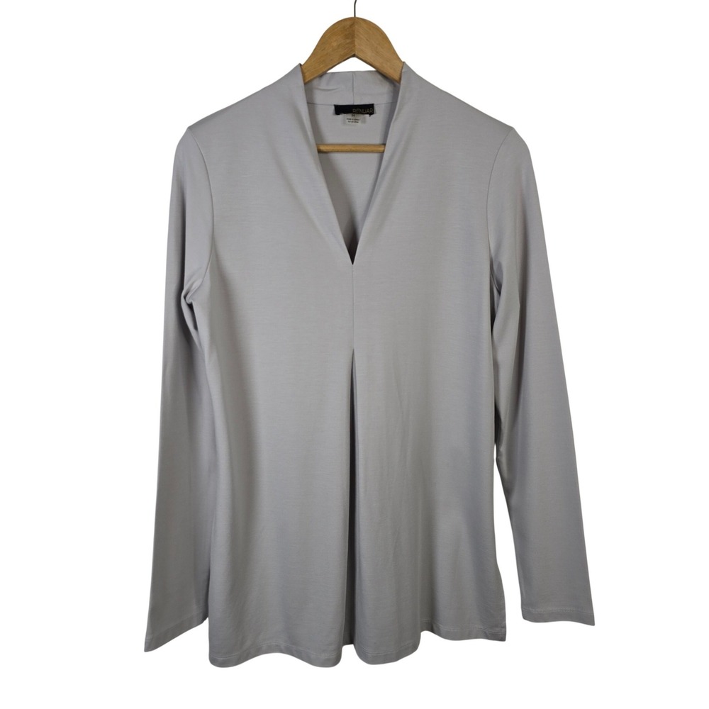 Renuar Gray Long Sleeve V-Neck Tunic Top with Front Pleat Size M
